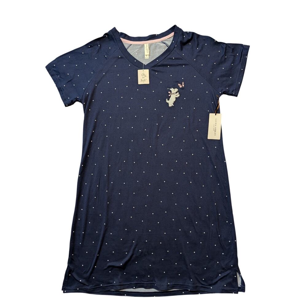 Laura Ashley Women Small NWT Navy Blue Polka Dot Nightgown V-Neck Sleep Dress
